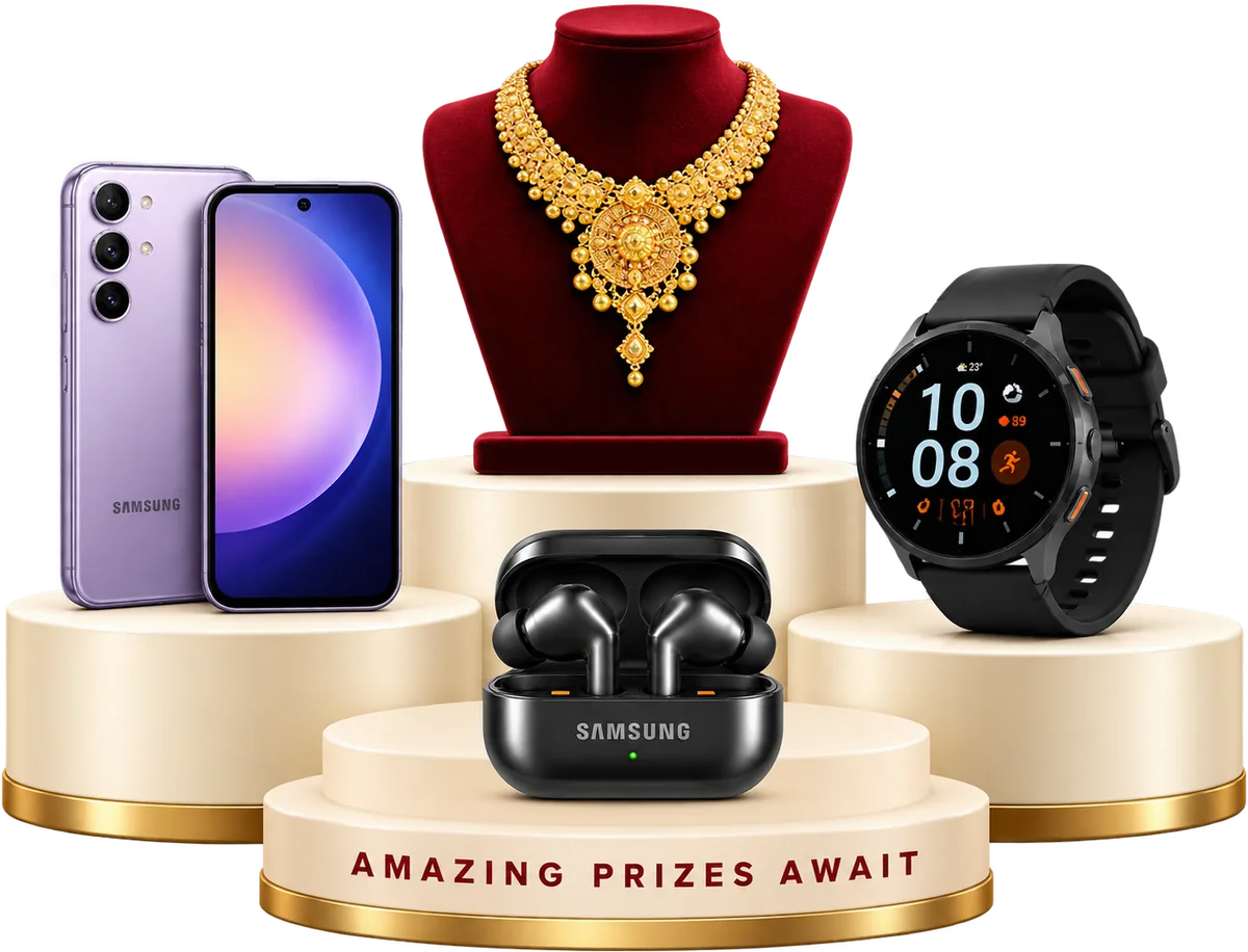 Prizes to win: a Samsung smartphone, a gold necklace, a smartwatch and Samsung earbuds